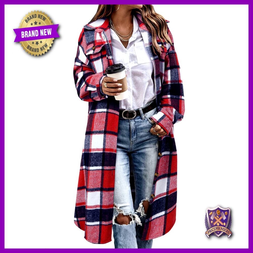 Oversized Plaid Shacket Long Corduroy Flannel Trench Coat Casual Button Down